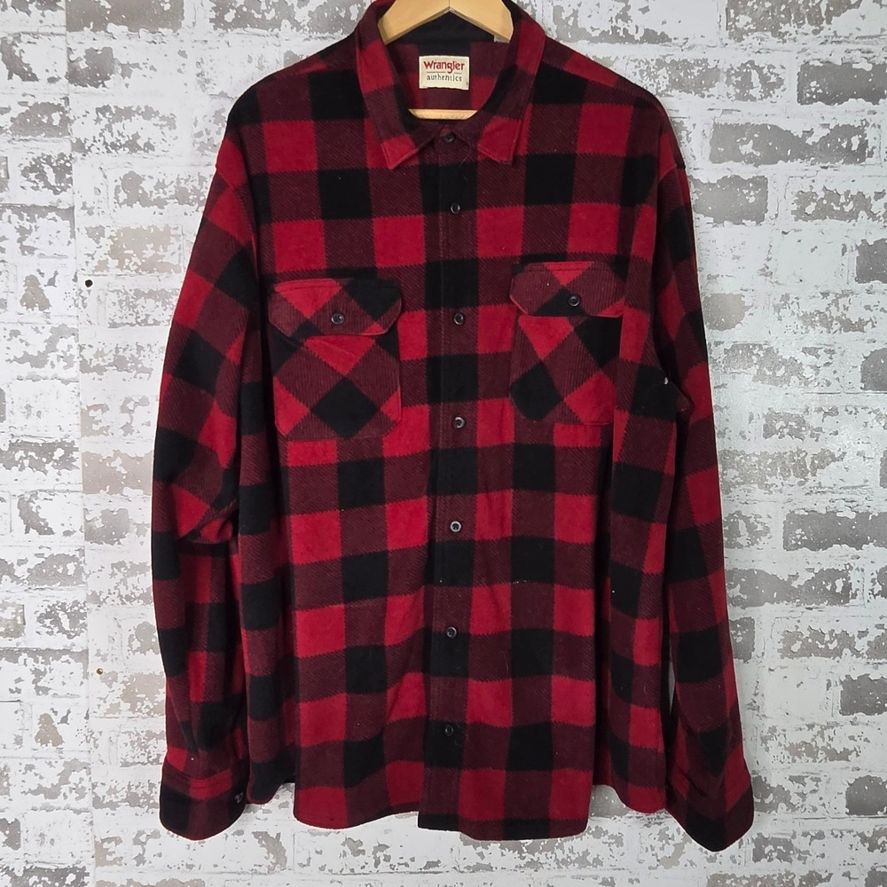 Wrangler Fleece Shirt Mens 2XL Red Black Buffalo Plaid Heavyweight Flannel Style